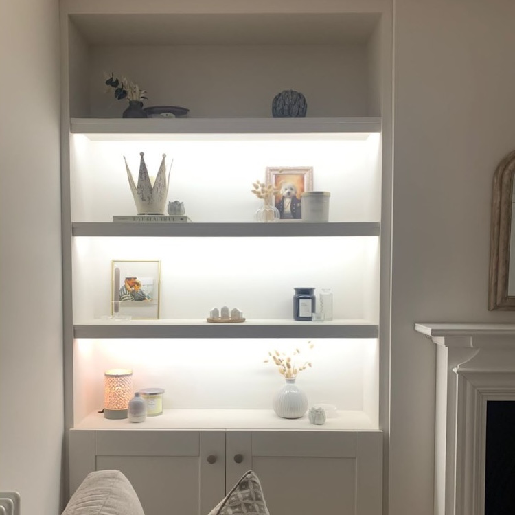 A bookshelf with LED backlights
